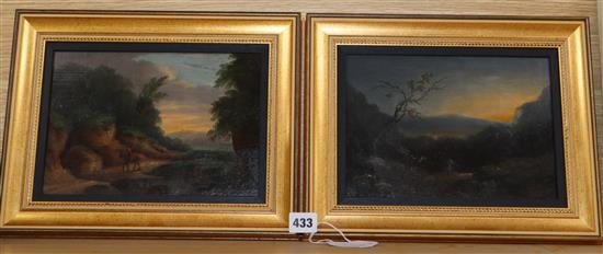 Early 19th century English School, pair of oils on panels, Travellers in landscapes, monogrammed J.C. Junr and dated